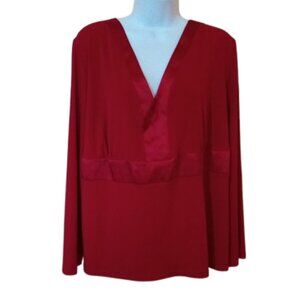 Red Stretch V-Neck Blousy Top Shirt Fits 1X ---